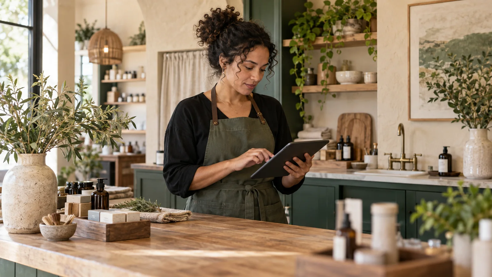 A business operator reviewing a tablet at a retail counter