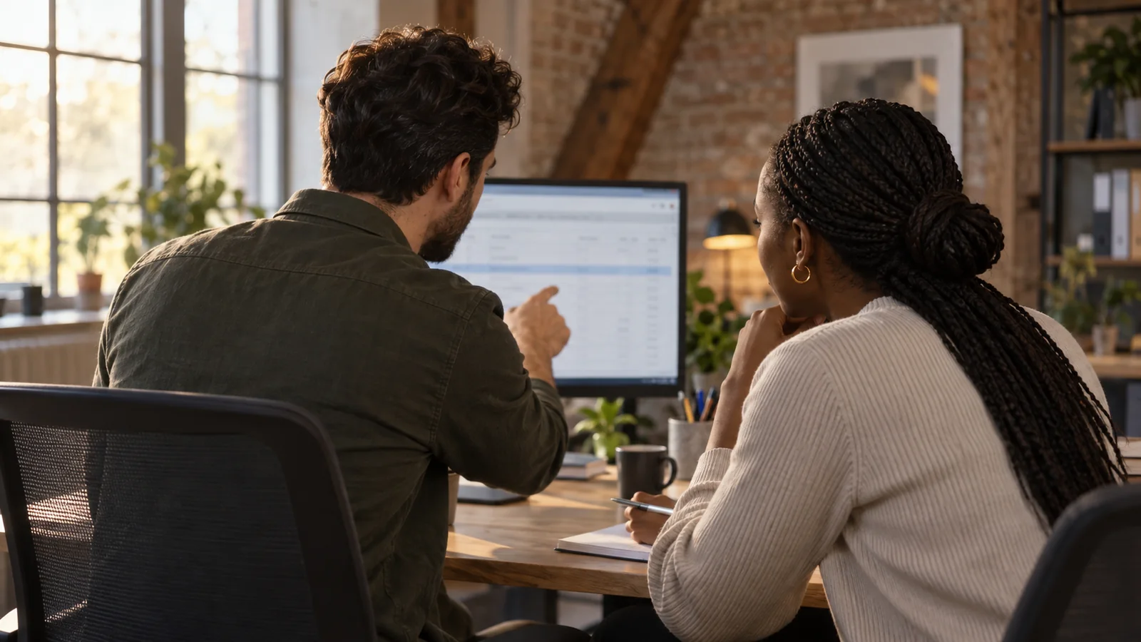 Two business operators reviewing work together at a desk